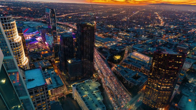 twilight-time-lapse-of-downtown-los-angeles-from-high-above-SBI-349974477
