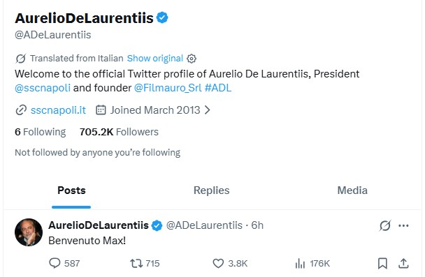 tweet de laurentiis allegri 3 luglio 2026